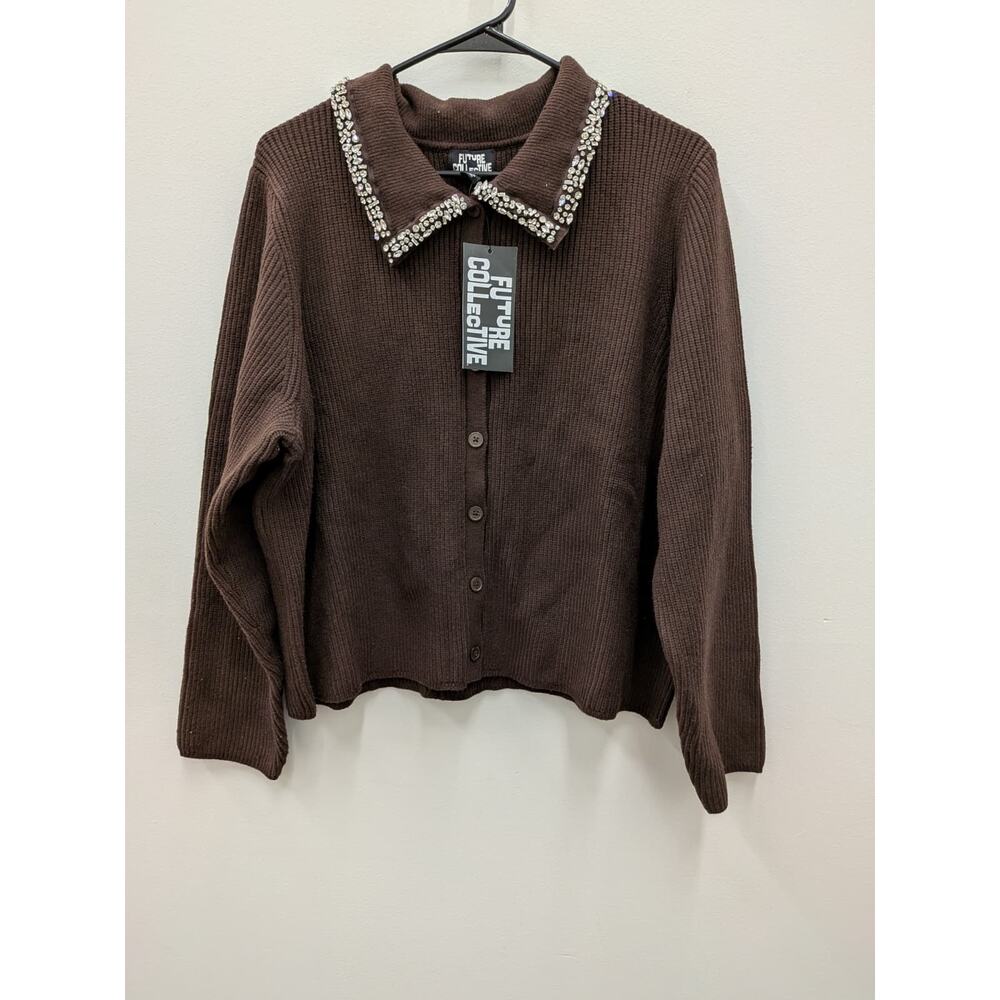 Future Collective Brown Ribbed Cardigan Rhinestone Collar Button Up NWT